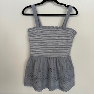 Japna Light Blue Smocked Tank Top Eyelet Embroidery Ruffle Hem Cotton Size L